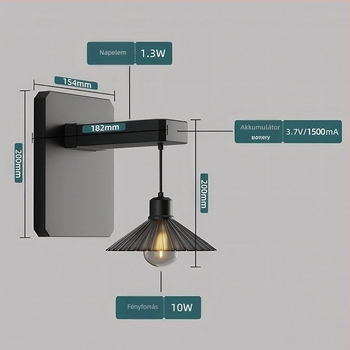 Napelemes kültéri falfény COB LED-del, 10W, 2700K melegfehér, IP65, 182×200 mm, kerthez, folyosóhoz, erkélyhez