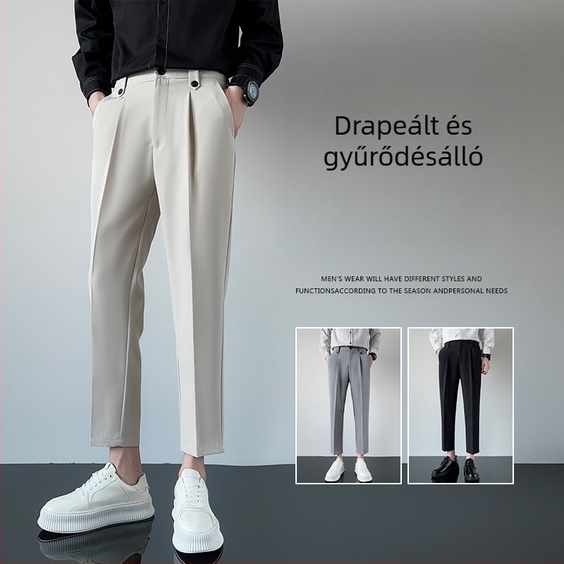 Férfi cropped kosztümnadrág drapírozott hatású, szűk szabás, casual, egyenes láb