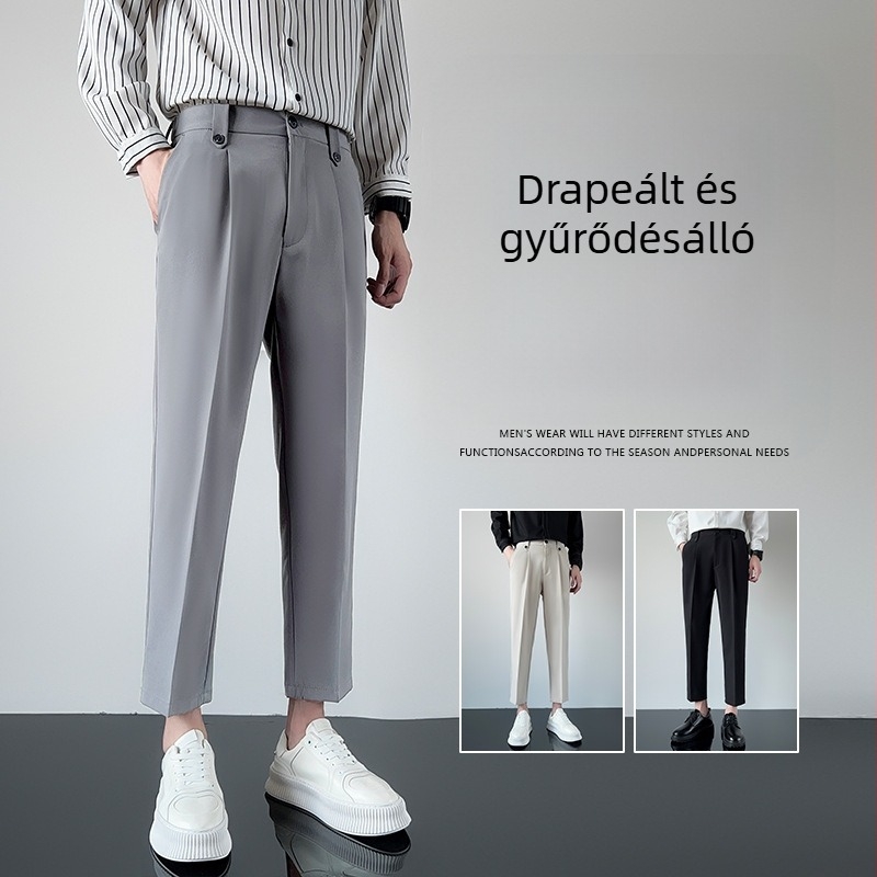 Férfi cropped kosztümnadrág drapírozott hatású, szűk szabás, casual, egyenes láb