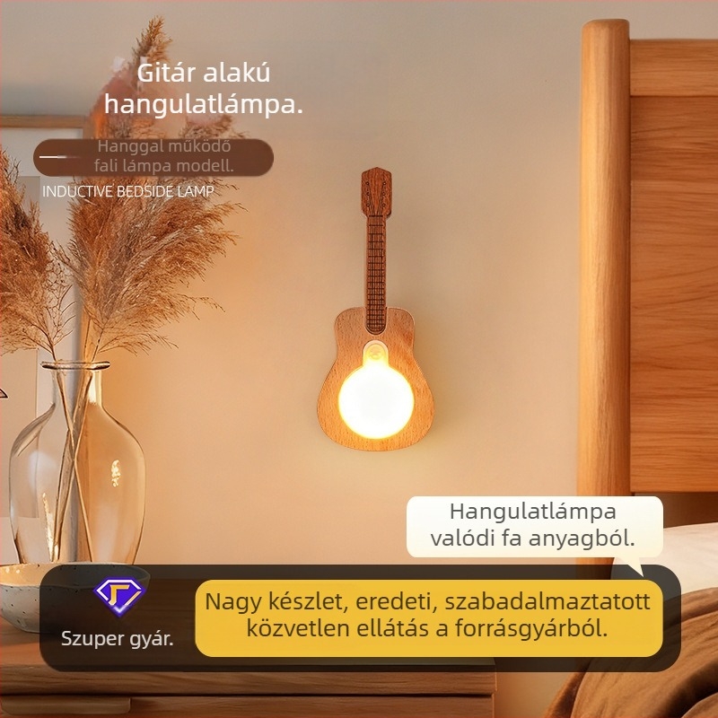 Gitár alakú tömörfa lámpa mozgásérzékelővel, újratölthető mágneses falikar, dekoratív kiegészítő hálószobába és éjjeli fény