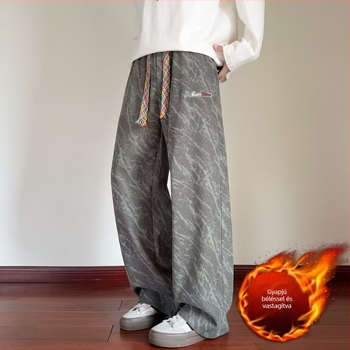 Férfi téli nadrág fleece béléssel, tie-dye minta, plisírozott rész, egyenes és széles szabású, mindennapi városi stílus, retro hangulat