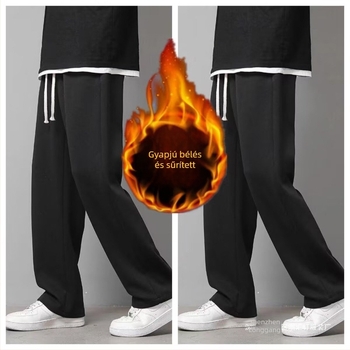 2025-ös új férfi casual téli nadrág, lazán szabott egyenes szabás, vastag fleece bélés, drapírozott, széles szárú, hosszú, trendi