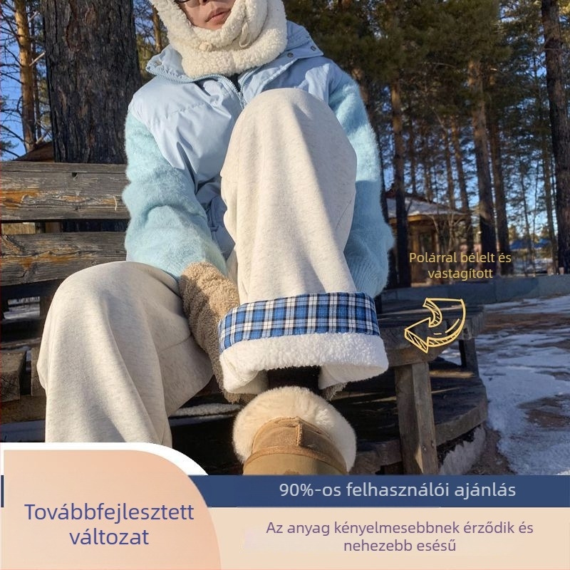 Kockás fleece-sel bélelt, vastag, egyenes szabású férfi edző nadrág, lazán, széles szárú, ősz-tél
