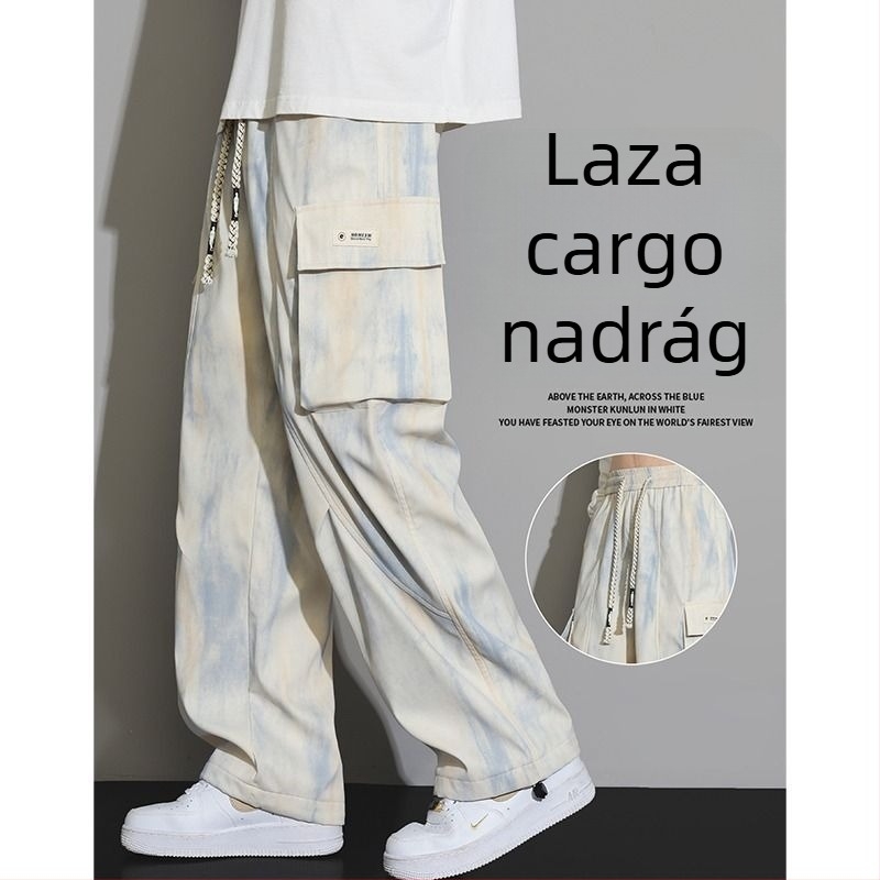 Férfi egyenes szabású munkanadrág tie-dye mintával, nagy zsebekkel, amerikai stílusú, laza, széles szárú casual nadrág tavaszra és őszre