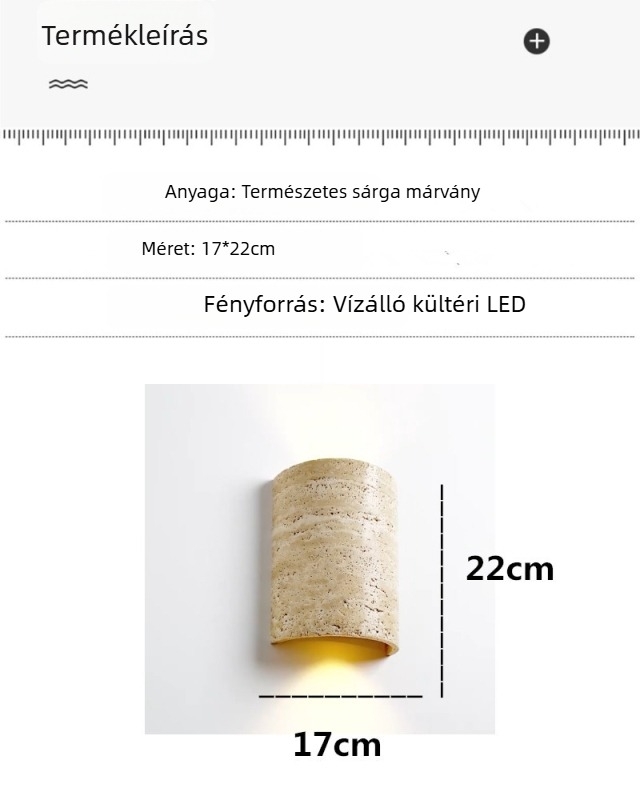 Vízálló kültéri falikar sárga travertinból, háttérfalhoz, udvarhoz, kerthez, teraszhoz, erkélyhez, bejárathoz – ívelt, háromdimenziós kialakítás
