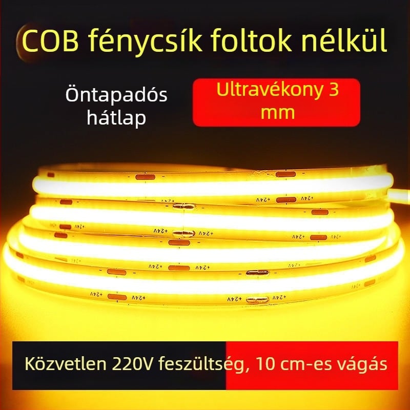 COB LED szalag 220V, meghajtó nélküli, öntapadós lineáris világítás mennyezetre és falra, ultra fényes