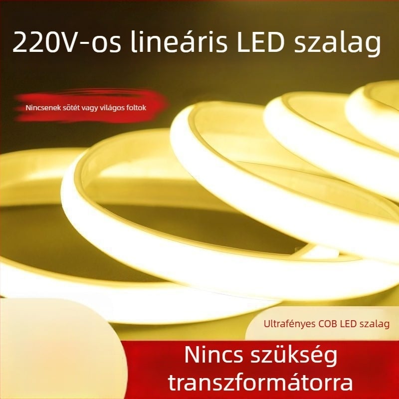 COB lineáris LED-szalag, 220V, vízálló, beltéri és kültéri használatra, 240 LED/m, 10 W/m, 180° fényvető szög