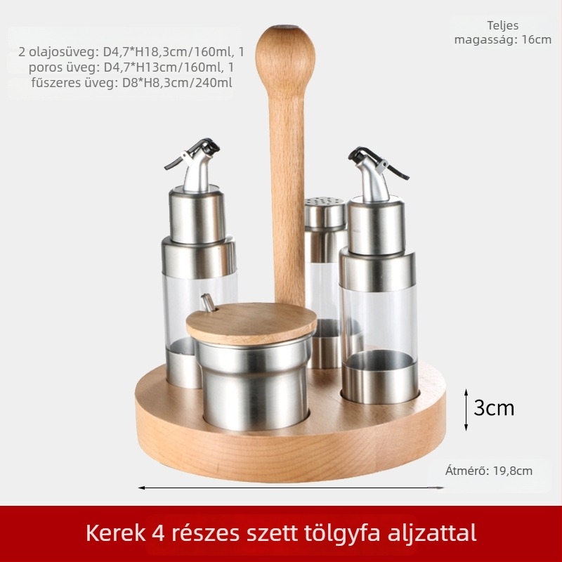 304 rozsdamentes acél fűszertartó készlet, fa alapú — éttermi stílusú fűszerkészlet, olajüveggel és sótartóval