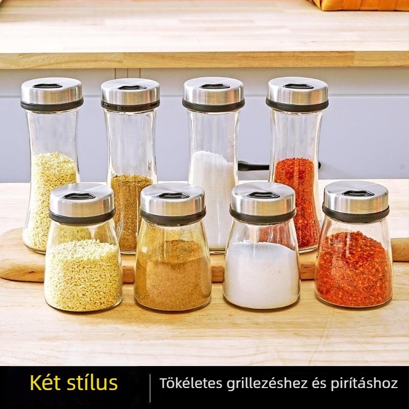 Karcsú üveges fűszertartó forgó 304 rozsdamentes acél fedéllel, piperhez, csirke kivonathoz és köményhez