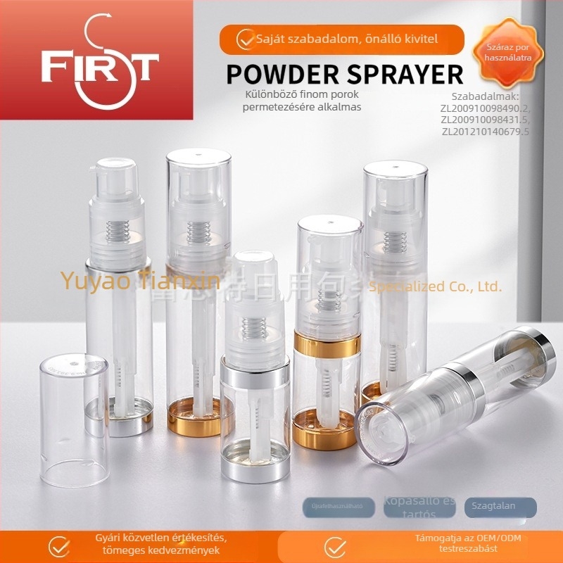 Szárazpor permetező üveg, 60 ml/35 ml/50 ml, PET+PP, átlátszó arany vagy ezüst kupakkal, egyenletes adagolás