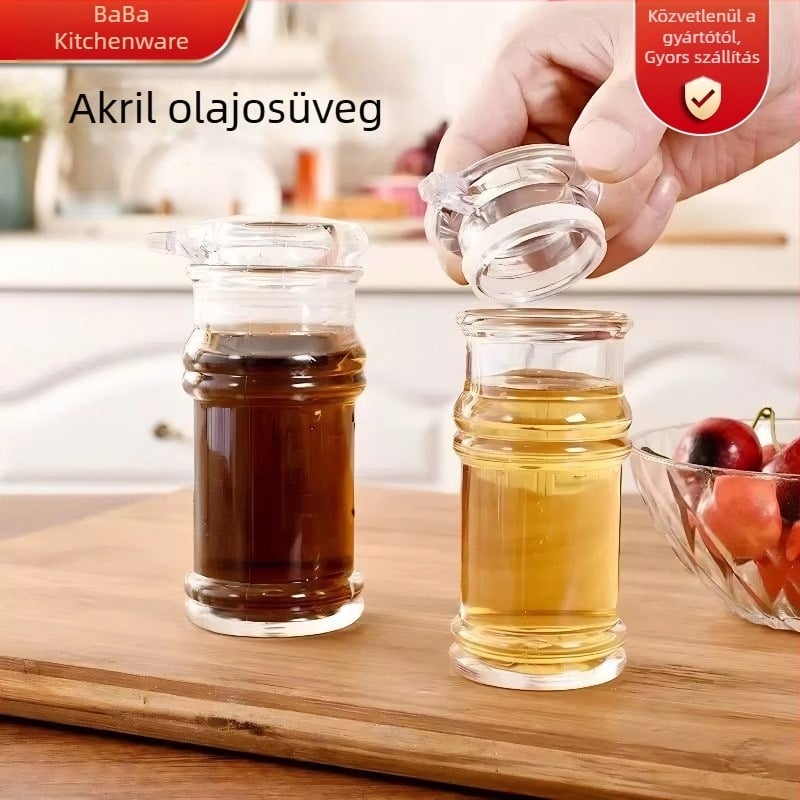 Akril olaj- és fűszeres üvegkészlet: olaj-, ecet- és szójaszósz- üveg, chili üveg.