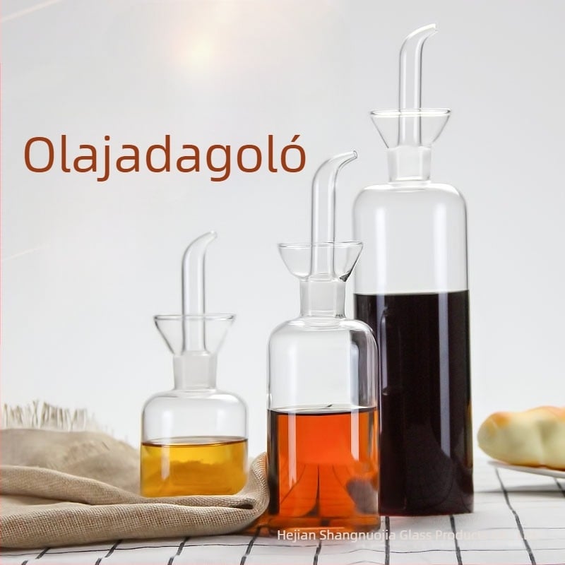 Üveg fűszertartó, szivárgásmentes kialakítású, konyhában használható; szójaszósz, ecet és olívaolaj tárolására, olaj- és ecet adagoló