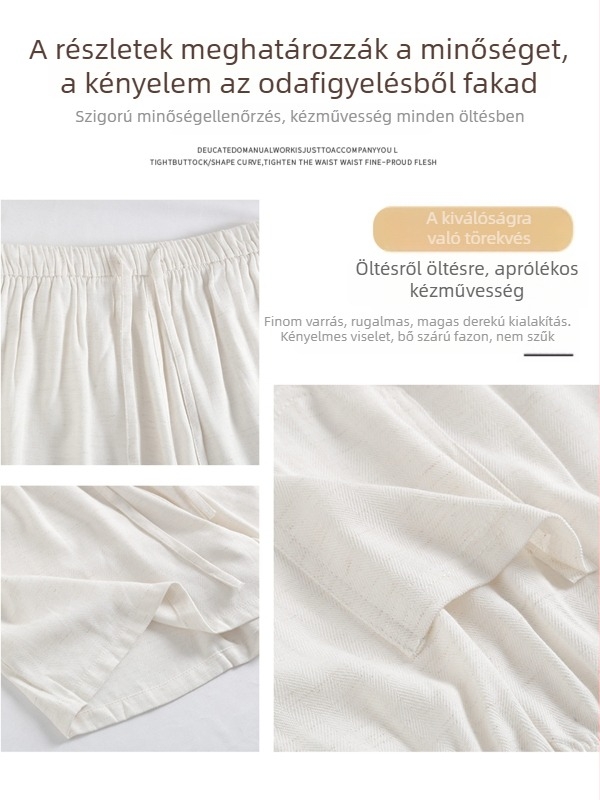 Fehér női rövidnadrág Tencel és len anyagból, nyári vékony modell, magas derék, laza szabás, széles lábszárú, térd körüli hossz