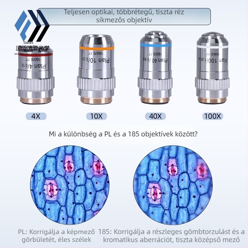 Optikai mikroszkóp 185-ös achromát réz objektív lencsékkel, 4x, 10x, 40x, 100x