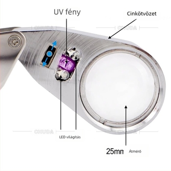 Chuda ékszerek vizsgálatára szolgáló nagyító UV fénnyel, 40x nagyítás, 25 mm objektív, teljesen fém LED összecsukható, hordozható
