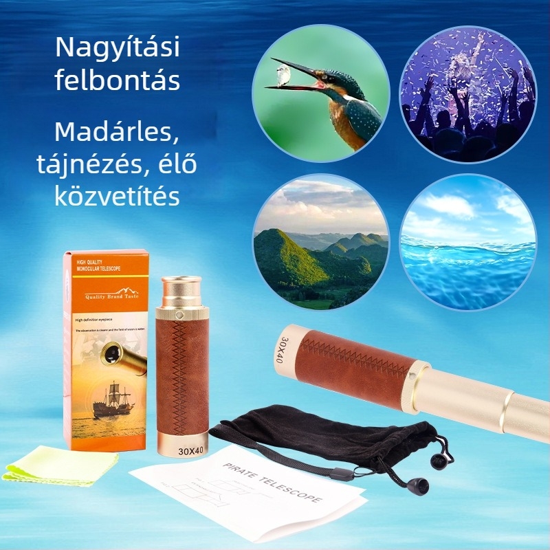 30x40-os monocular, antik kalóz stílusú teleszkóp, hordozható kültéri madármegfigyeléshez