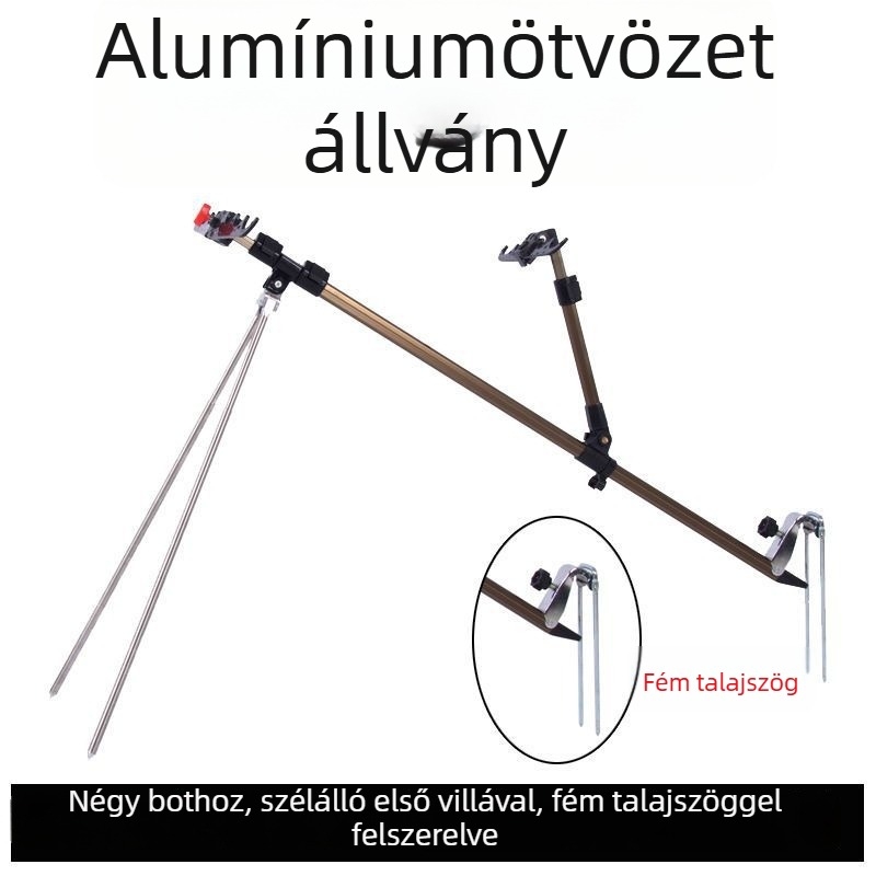 Többfunkciós horgászbot tartó dupla állvánnyal, szélálló kerettel, horgász doboz és ülő, földcsapra szerelhető