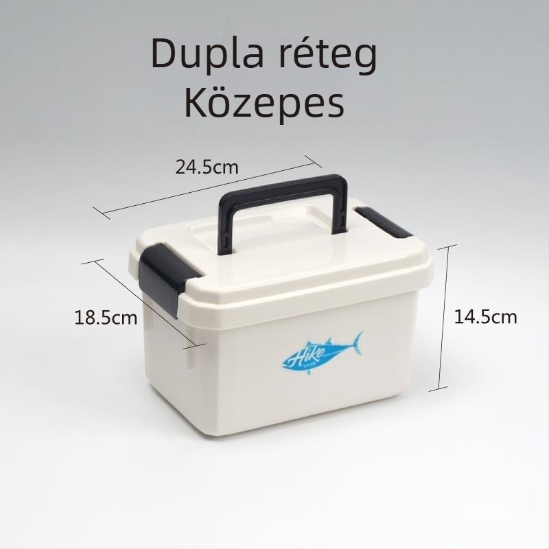Fehér, kétszintes hordozható horgász felszerelés tároló doboz, kis kiegészítők, fő zsinór, mellék zsinór és távtartó gyöngyök számára
