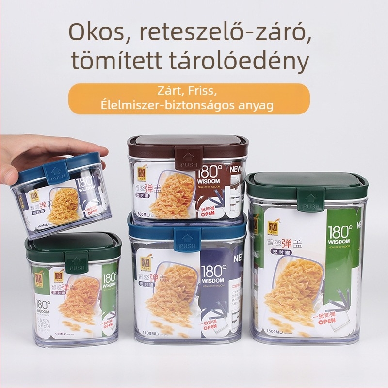 Zárható, átlátszó műanyag konyhai tárolóedény, négyzet alakú, 301–500 ml, gabonákhoz, teához, tejporhoz, snackekhez és fűszerekhez