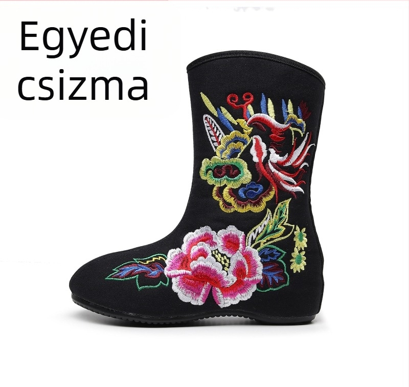 Női rövid bakancs hímzett vászonból, téli kínai etnikus stílus, piros Főnix és peónia hímzés, velúr bélés