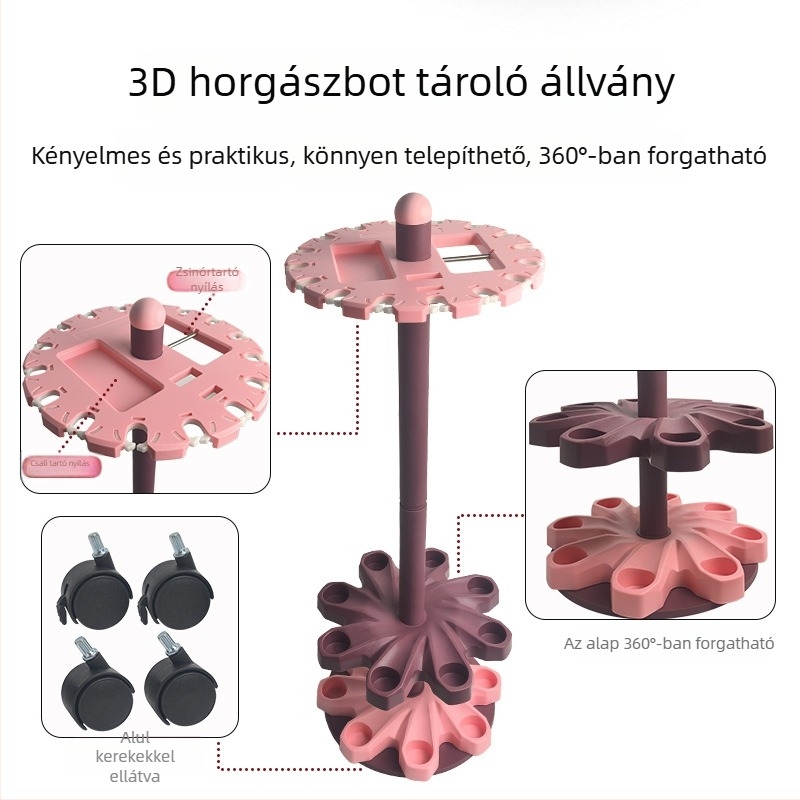 Többfunkciós padlón álló forgó horgászbot-tartó négy kerékkel, 16 lyukkal