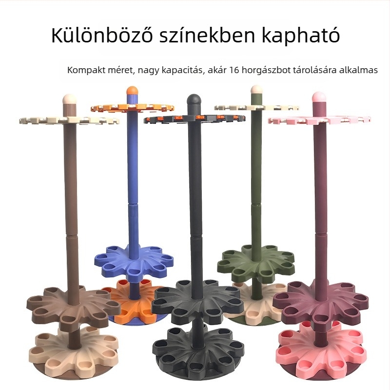 Többfunkciós padlón álló forgó horgászbot-tartó négy kerékkel, 16 lyukkal