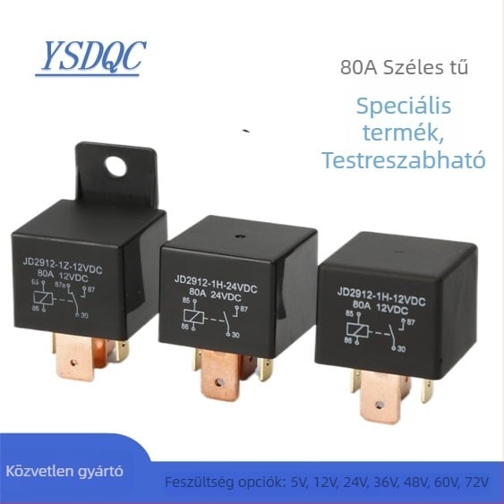 80A autórelé JD2912 5V–96V tekercsfeszültségű járművekhez és elektromos járművekhez