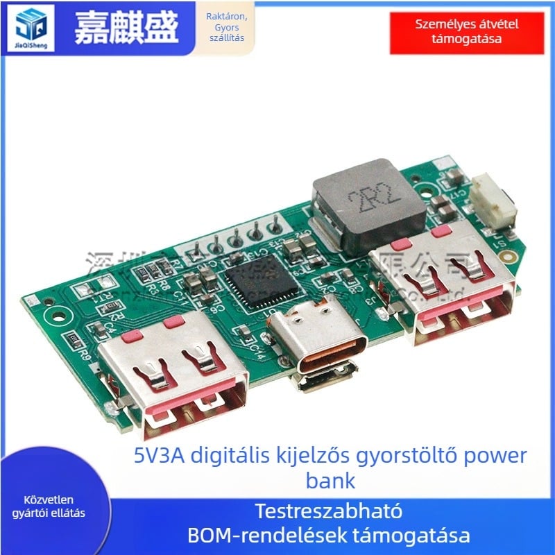 5V 3A digitális kijelzős gyorstöltő power bank modul IP5356, boost tábla Li-ion akkumulátorhoz, 3,7V