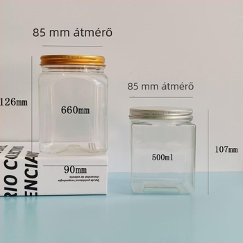 Négyszögletes üveg alumínium fedővel, átlátszó széles nyakú PET műanyag tartály édességekhez, teához és harapnivalókhoz - 500 ml / 660 ml