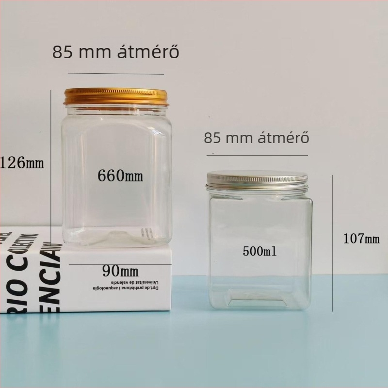 Négyszögletes üveg alumínium fedővel, átlátszó széles nyakú PET műanyag tartály édességekhez, teához és harapnivalókhoz - 500 ml / 660 ml