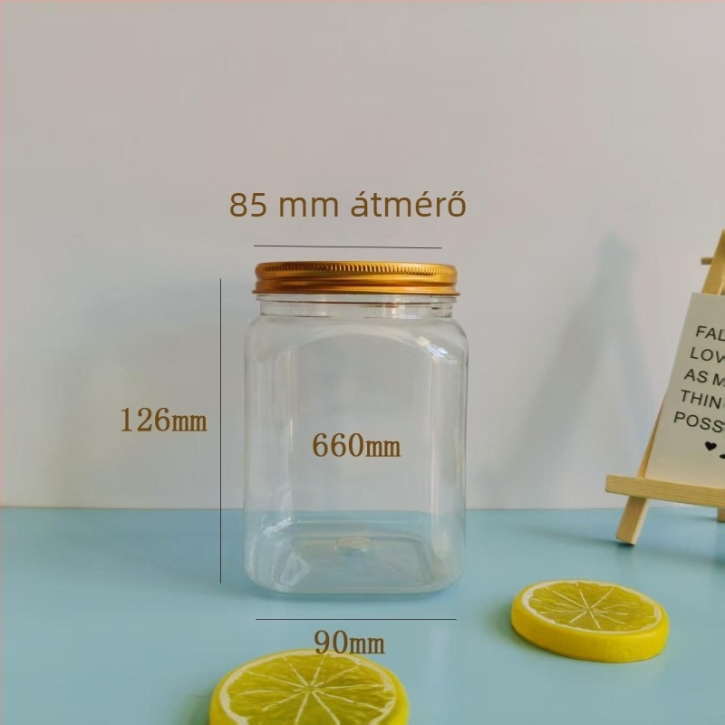 Négyszögletes üveg alumínium fedővel, átlátszó széles nyakú PET műanyag tartály édességekhez, teához és harapnivalókhoz - 500 ml / 660 ml