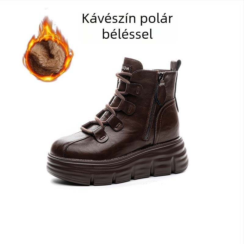 Női Martin csizmák 8 cm-es platformával a magasság növeléséhez, retro stílus, mikroszálas felsőrész, hálós bélés, elöl fűzés és oldalsó cipzár, őszi-téli viseletre