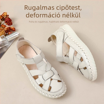 Valódi bőrből készült perforált női szandál Velcro-zárással, nyárra, könnyű, puha talp, csúszásmentes
