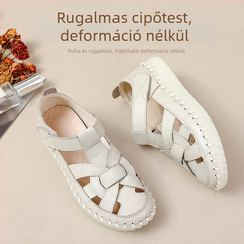 Valódi bőrből készült perforált női szandál Velcro-zárással, nyárra, könnyű, puha talp, csúszásmentes