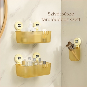 Falra szerelhető fürdőszobai tároló szívókoronggal, furatmentes, kosaras tartóval