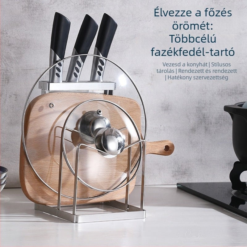 Kés- és vágódeszka tartó rozsdamentes acélból, fedőkkel