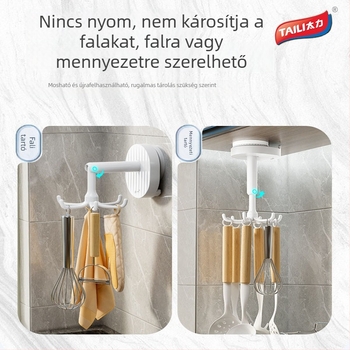 Konyhai falra szerelhető tartó szívókorongos rögzítéssel, forgó akasztókkal spatulákhoz és kanalakhoz