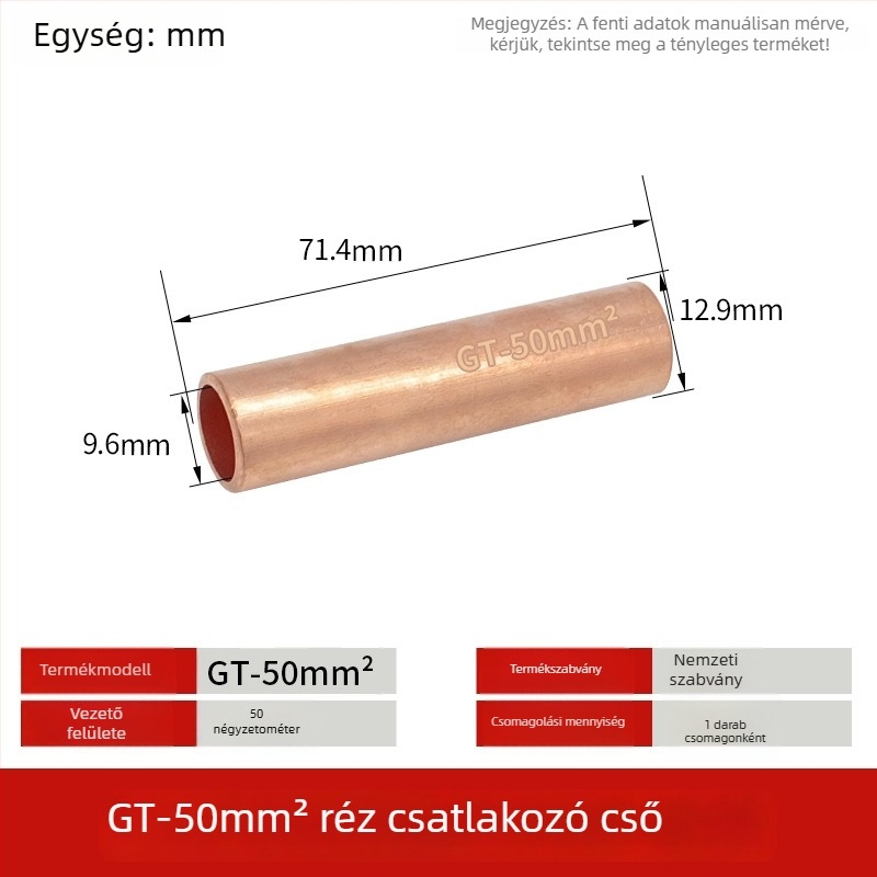 GT-50mm négyzet alakú természetes ónzott réz csatlakozócsővel, rézorral a vezetékekhez