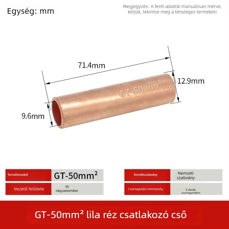 GT-50mm négyzet alakú természetes ónzott réz csatlakozócsővel, rézorral a vezetékekhez