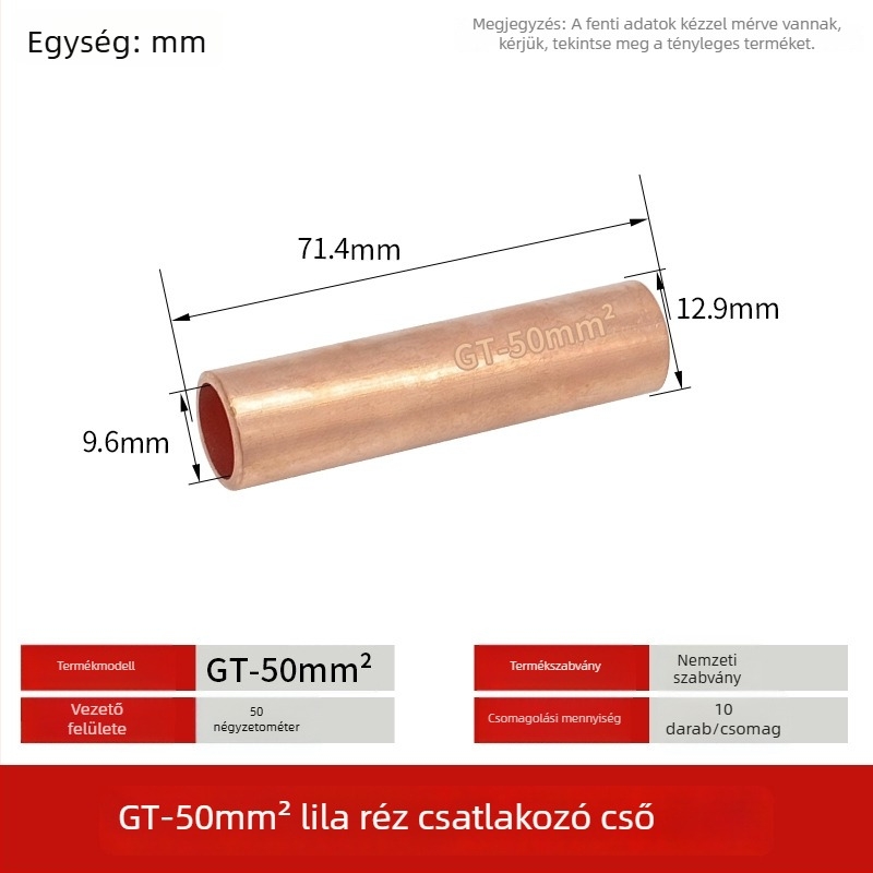 GT-50mm négyzet alakú természetes ónzott réz csatlakozócsővel, rézorral a vezetékekhez