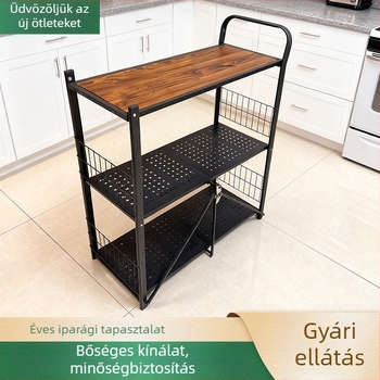 Konyhai összecsukható, több szintes acél tárolóállvány, szabadon álló, görgőkkel