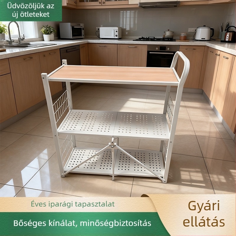 Konyhai összecsukható, több szintes acél tárolóállvány, szabadon álló, görgőkkel