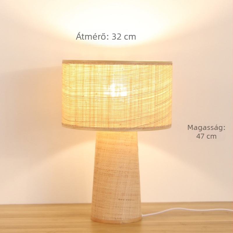 Raffia Wabi-Sabi stílusú asztali lámpa bambuszfa talppal, LED, a nappaliba és a hálószobába