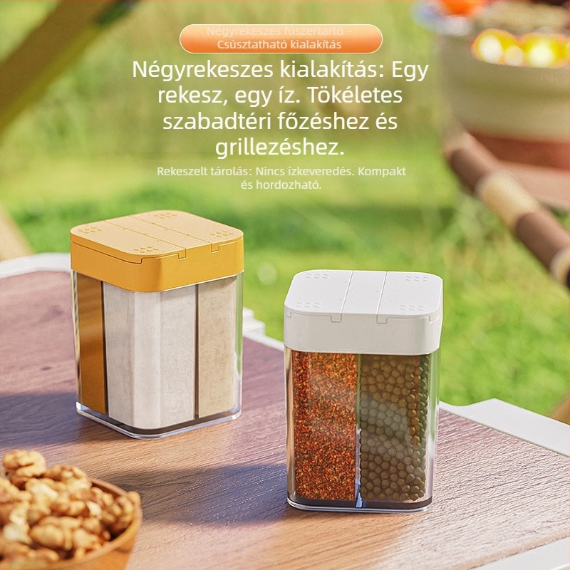 Négy rekeszes integrált fűszertartó nedvességálló sótartóval, csúszó fedél, konyhai használatra