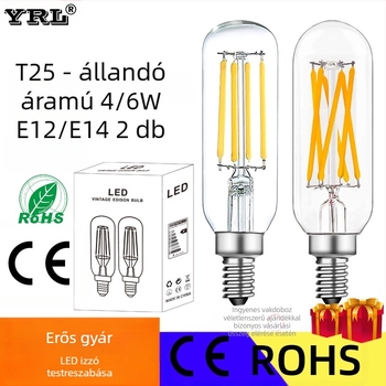 LED Edison izzó T25 filamentlámpa, 110V, 4–6W, retro üvegtest, E12/E14 alap, dimmelhető, 360° sugárzás, CRI 80–90