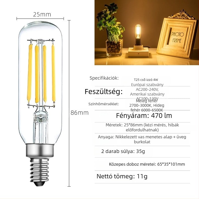 LED Edison izzó T25 filamentlámpa, 110V, 4–6W, retro üvegtest, E12/E14 alap, dimmelhető, 360° sugárzás, CRI 80–90