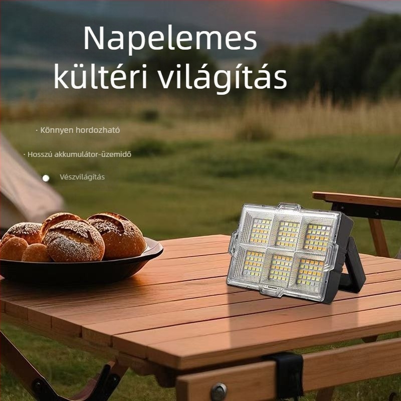Napelemes, újratölthető lámpa kültéri standokhoz, magas fényerejű LED floodlight, hordozható többfunkciós vészvilágítás