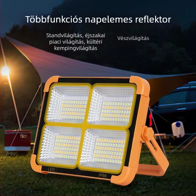 Kültéri napelemes LED-fényszóró, hordozható, töltéssel; ideális kempingezéshez, utazásokhoz és vészhelyzetekhez; kompakt sárga fény.