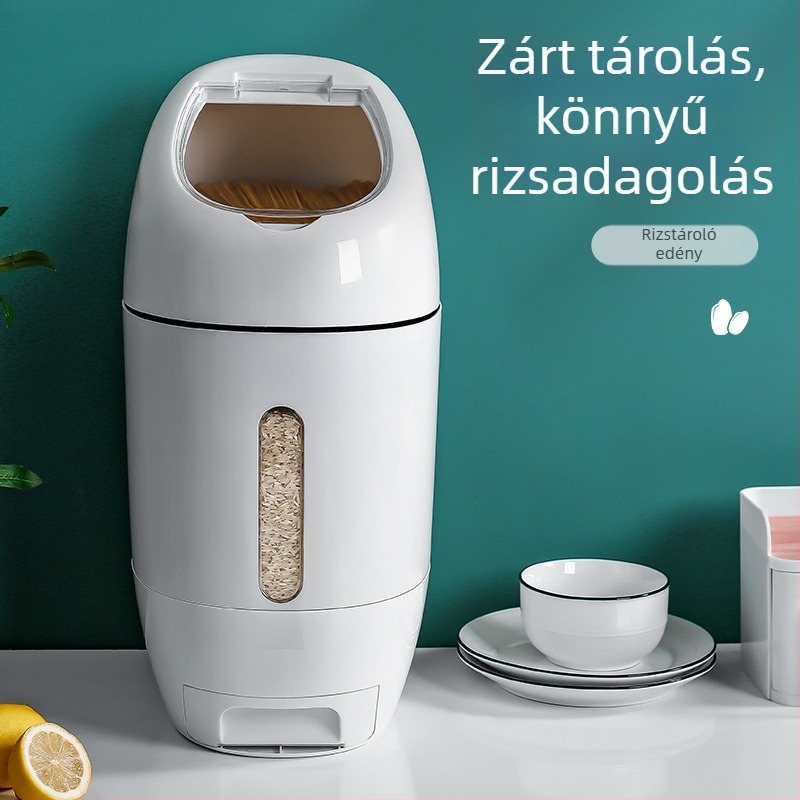 Zárt rizstároló tartály nedvesség- és rovarkár-álló, mérő adagolóval, műanyagból, 10 literes kapacitás
