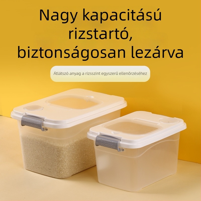 Zárható rizstároló edény, rovar- és nedvességálló, élelmiszerbiztonsági minőség, modern minimalista dizájn, kapacitás 10 L felett